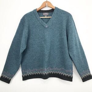 Woolrich Teal Gray 100% Wool Embroidered V Neck Pullover Knit Sweater